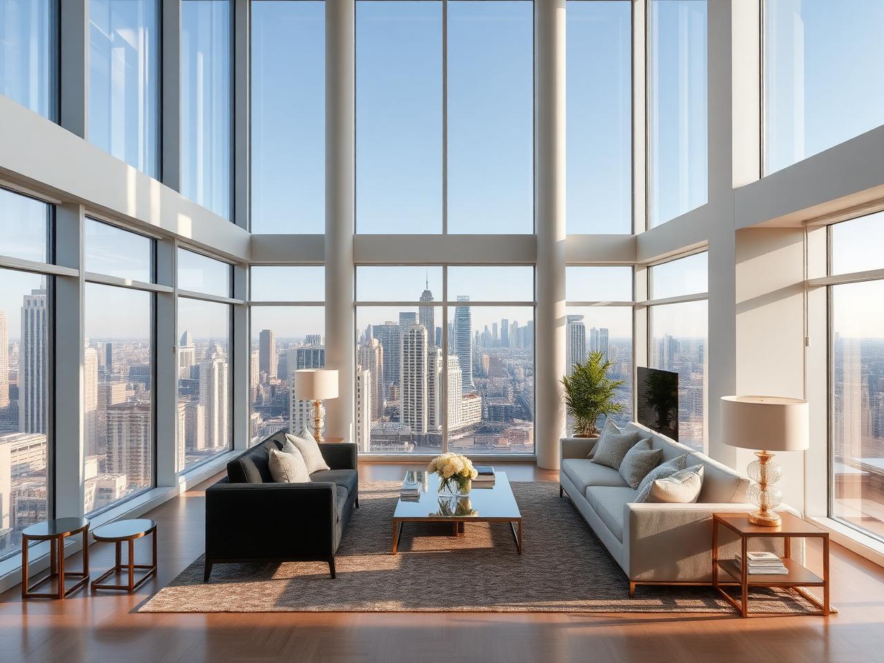 Luxury apartment interior overlooking city
