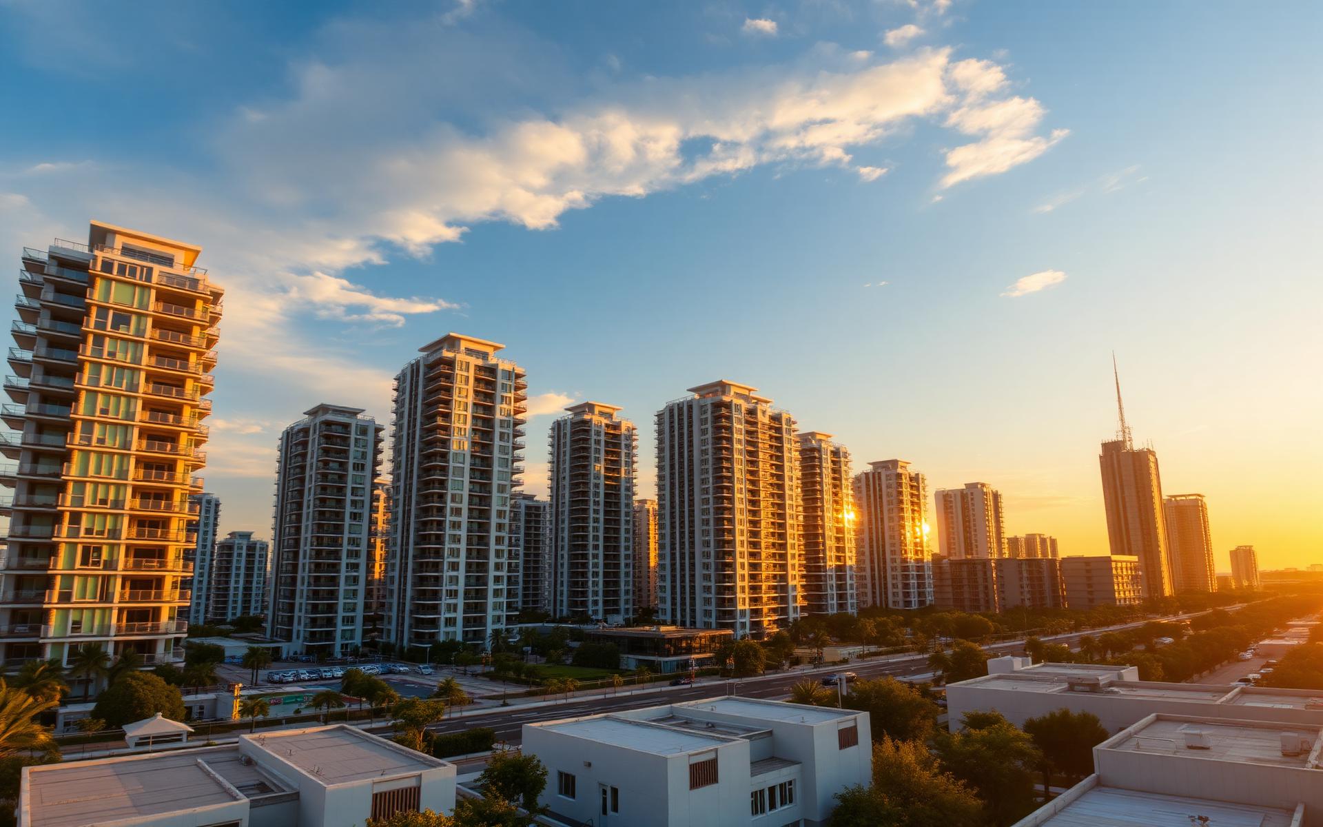 Modern residential skyline at golden hour